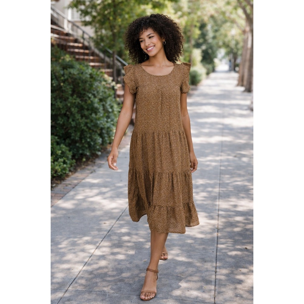 Ruffle Sleeve Tiered Midi Long Short Sleeve Alredine Dress NWOT Casual‎ Brown XS